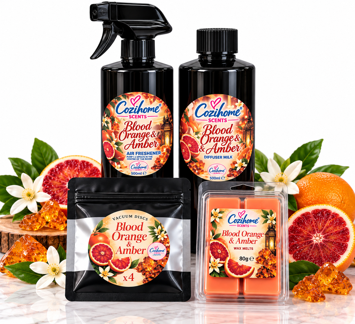 Cozihome Complete Home Fragrance Bundle | Air Freshener 500ml, Diffuser Milk 500ml, Vacuum Discs x4 & Wax Melts 80g | Choose Your Scent