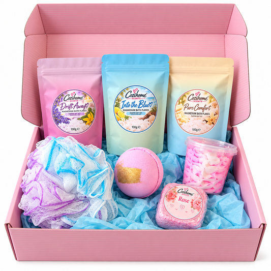 Cozihome Scents Luxury Pamper Gift Set | Bath & Shower Gift Box | Bath Bomb, Magnesium Bath Flakes, Shower Whip & Steamer | Self Care Gift for Her