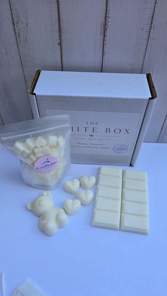 The white box, Fresh Linen scented variety wax melt selection box of aesthetically off white clean crisp melts