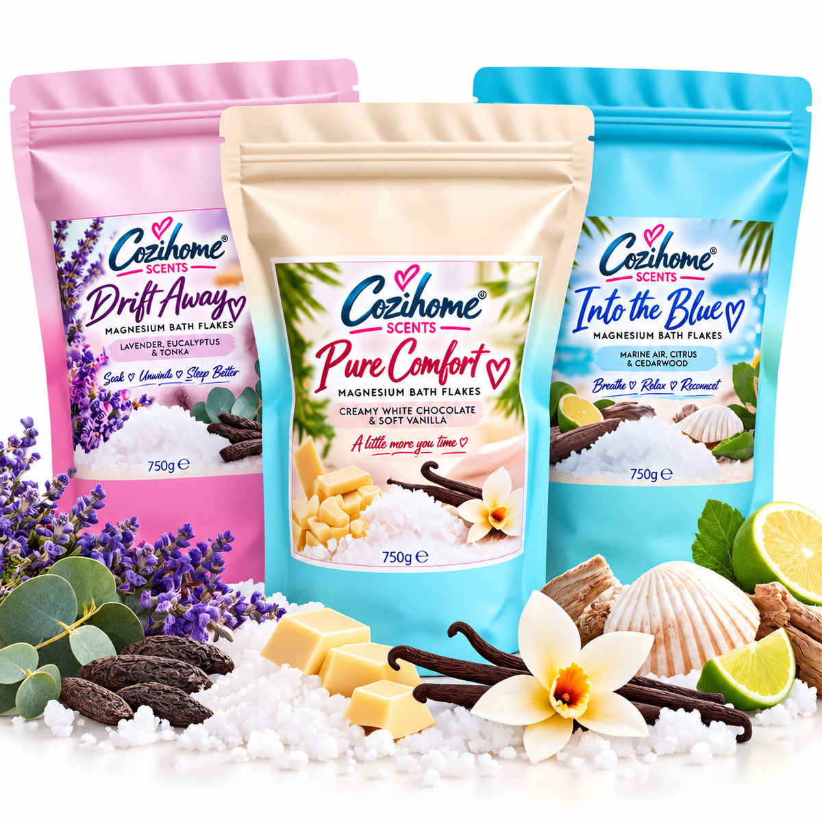 Cozihome Magnesium Bath Flakes 750g | Scented Magnesium Bath Soak | Relax, Unwind & Self Care | 3 Scents