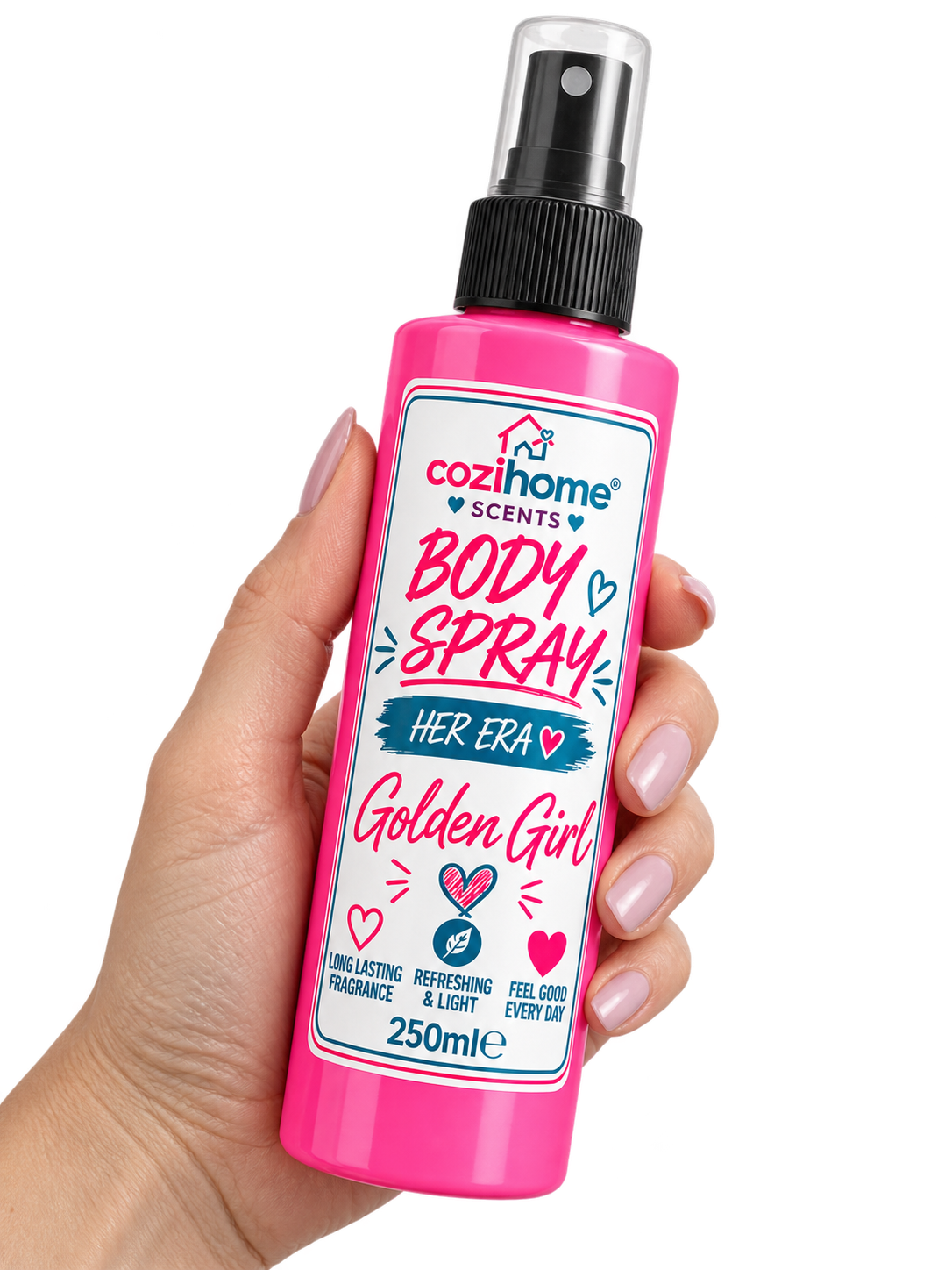 Cozihome Her Era Body Spray for Women 250ml | Long Lasting Fragrance Body Mist | Pink Bottle | 6 Girly Scents | That Girl, Icon Energy, Golden Girl, Sweet Thing, Good Intentions & Wild Side