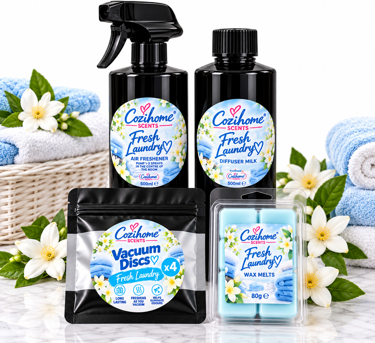 Cozihome Complete Home Fragrance Bundle | Air Freshener 500ml, Diffuser Milk 500ml, Vacuum Discs x4 & Wax Melts 80g | Choose Your Scent