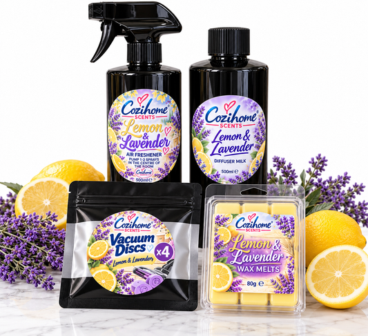 Cozihome Complete Home Fragrance Bundle | Air Freshener 500ml, Diffuser Milk 500ml, Vacuum Discs x4 & Wax Melts 80g | Choose Your Scent