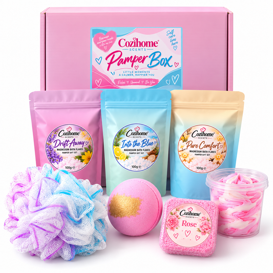 Cozihome Scents Luxury Pamper Gift Set | Bath & Shower Gift Box | Bath Bomb, Magnesium Bath Flakes, Shower Whip & Steamer | Self Care Gift for Her