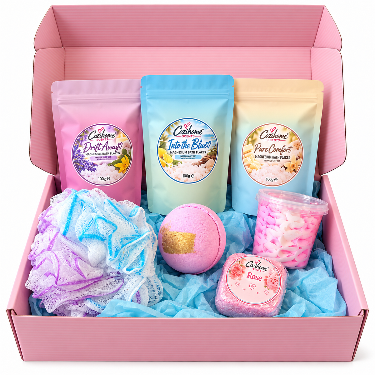 Cozihome Scents Luxury Pamper Gift Set | Bath & Shower Gift Box | Bath Bomb, Magnesium Bath Flakes, Shower Whip & Steamer | Self Care Gift for Her