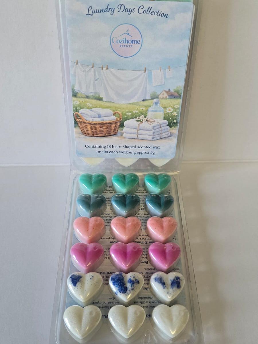 Laundry Days Wax Melt Collection – 18 Heart Wax Melts | Fresh Laundry, Clean Cotton, Linen & Floral Scents | Long Lasting Home Fragrance