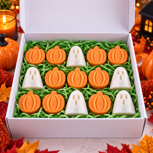 Spooky Pumpkin Patch Wax Melt Gift Box | Vanilla spiced Pumpkin Scent | 15 Halloween Wax Melts | 10 Pumpkins & 5 Ghosts | Autumn Home Fragrance Gift