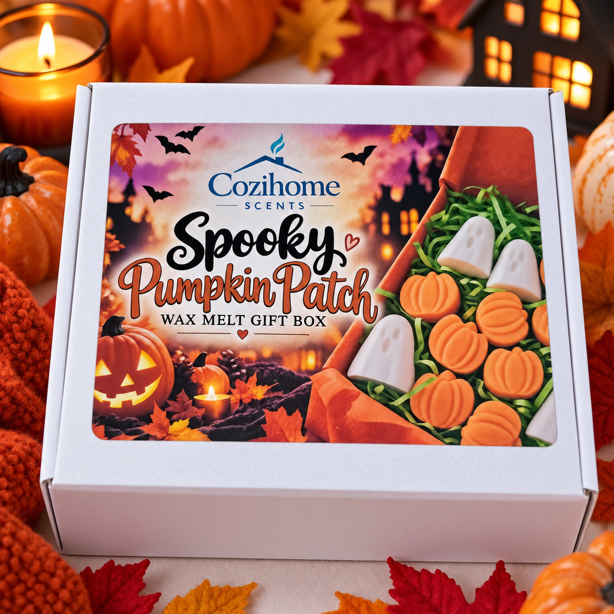 Spooky Pumpkin Patch Wax Melt Gift Box | Vanilla spiced Pumpkin Scent | 15 Halloween Wax Melts | 10 Pumpkins & 5 Ghosts | Autumn Home Fragrance Gift