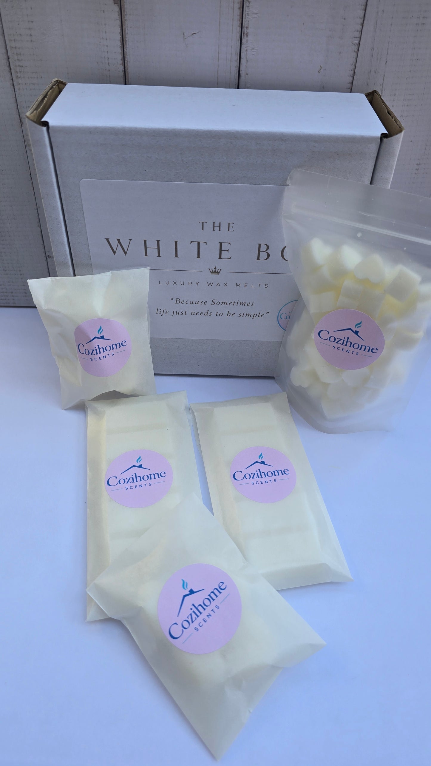 The white box, Fresh Linen scented variety wax melt selection box of aesthetically off white clean crisp melts